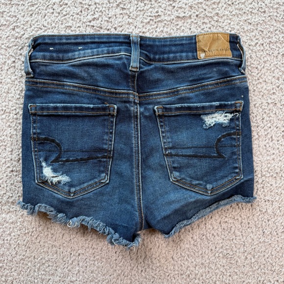 American Eagle Denim Shorts Hi-Rise Shortie 00 Distressed Dark Wash Frayed Hem - Picture 2 of 8